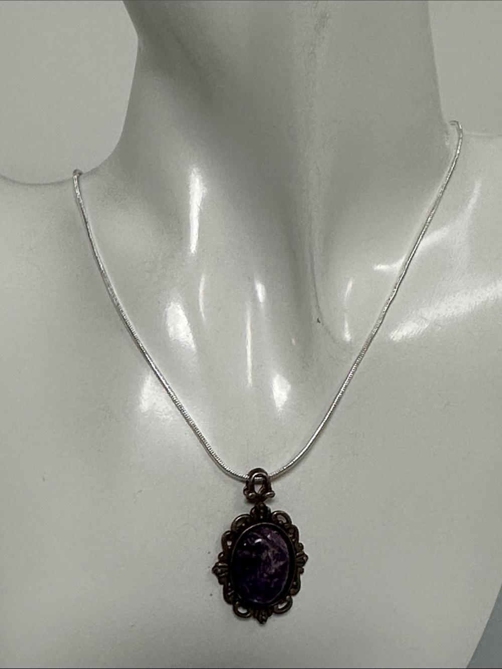 925 Sterling Silver Chain Necklace with Purple Charoite Stone Pendant
